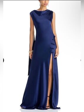 SAU LEE Priscilla Satin Open-Back Slit Gown Navy Blue
